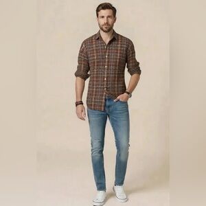 Polo Ralph Lauren Classic Fit Plaid Shirt Brown Maroon Tan Mens Medium 15.5 M